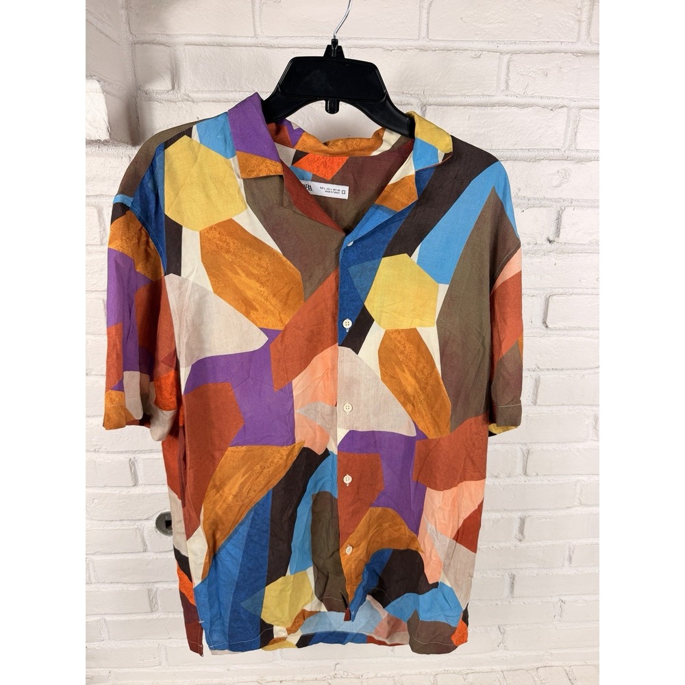 Retro Zara L Multicolor Geometric Abstract Print Camp Collar Resort Shirt
